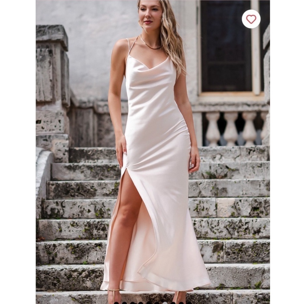 By Egreis Florine Blush Satin Cowl Neck Maxi Dress Slit Small NWT